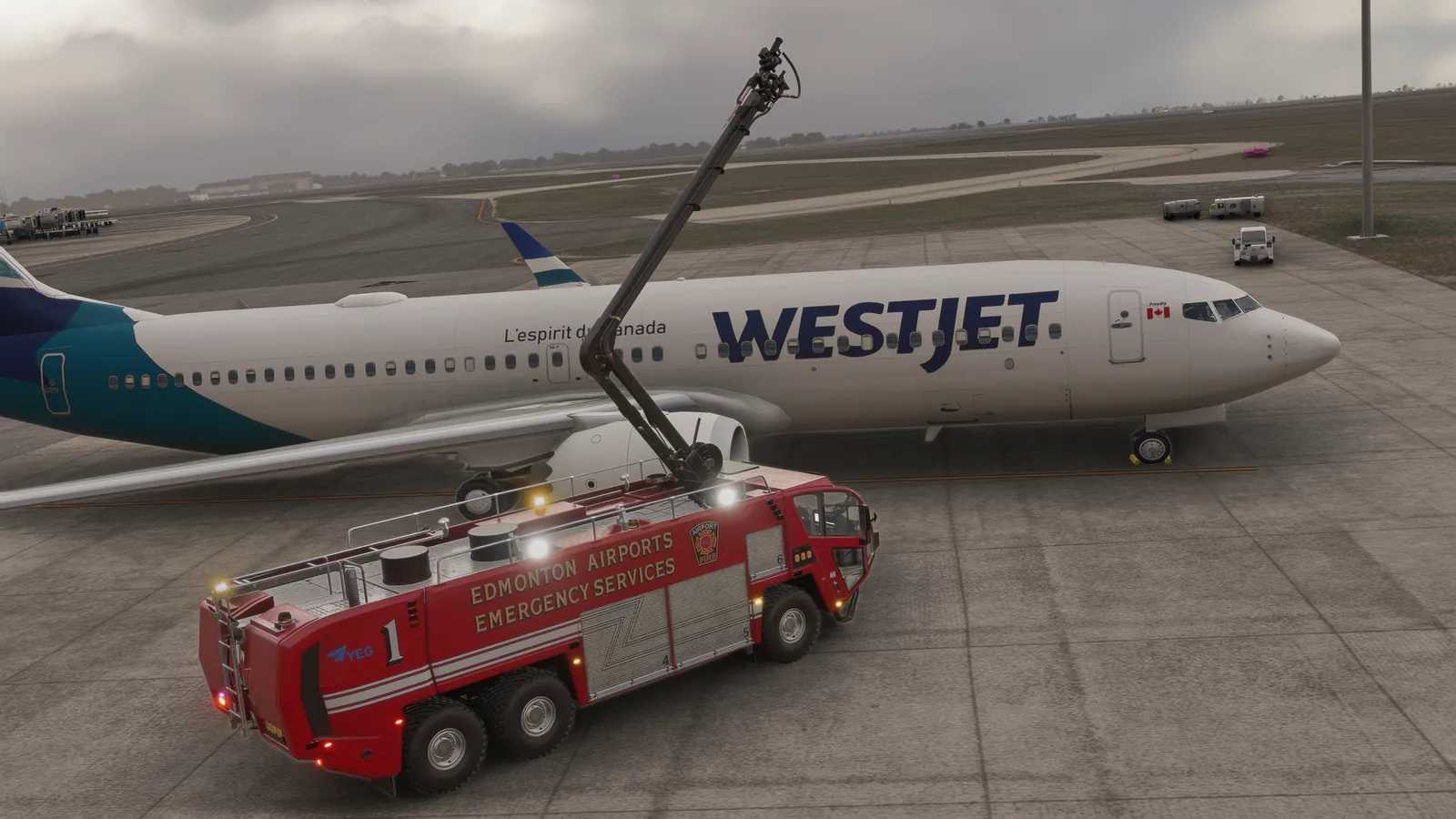 ARFF vehicle positioned at a WestJet 737 with the roof turret deployed