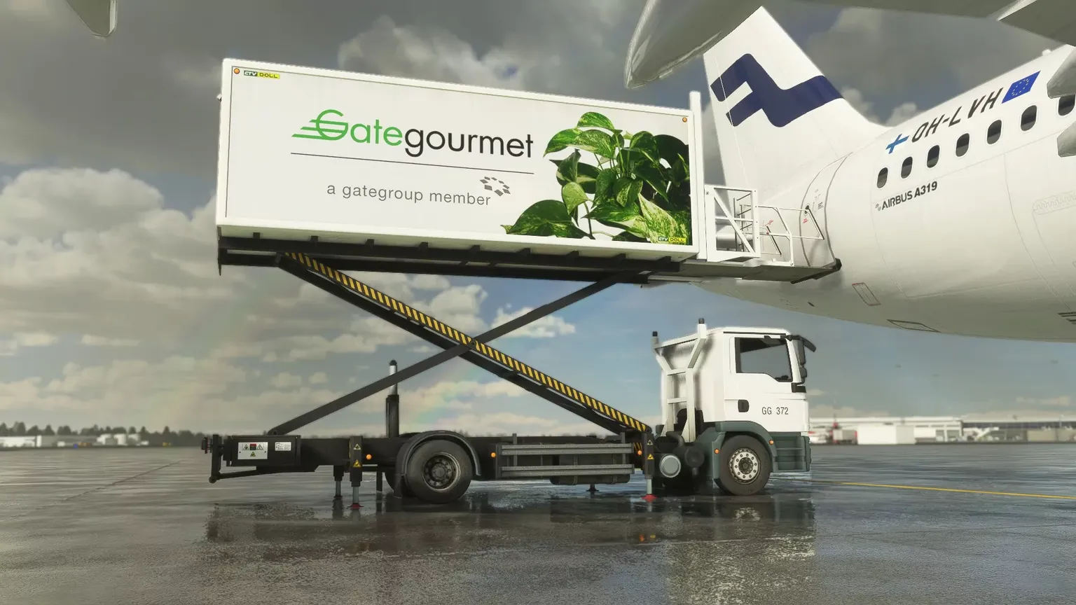 Catering truck positioned at the aircraft door