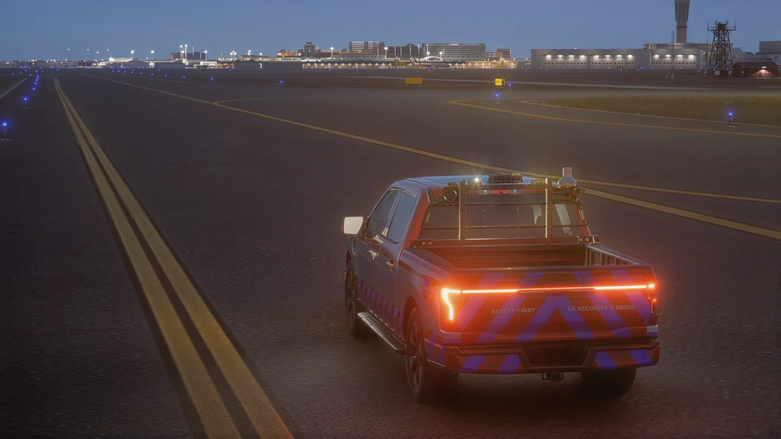 Operations pickup on a lit taxiway at night with runway edge lights in the distance