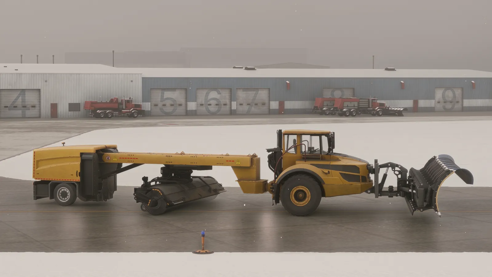 Airport snowplow tractor with front blade, rotating broom and towed air-blast unit on a snow-covered apron